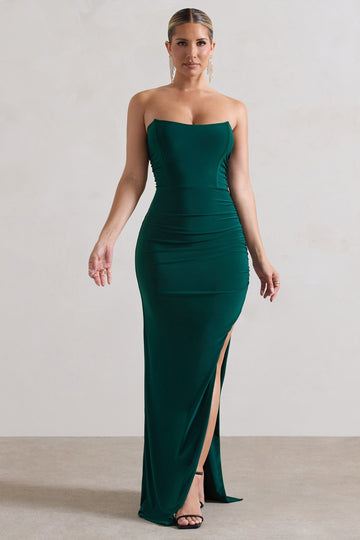 Eletta Bottle Green Ruched Bandeau Asymmetric Maxi Dress